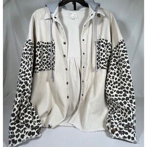 Oli & Hali Corduroy Denim Patchwork Leopard Print Long Sleeved Oversize Jacket M